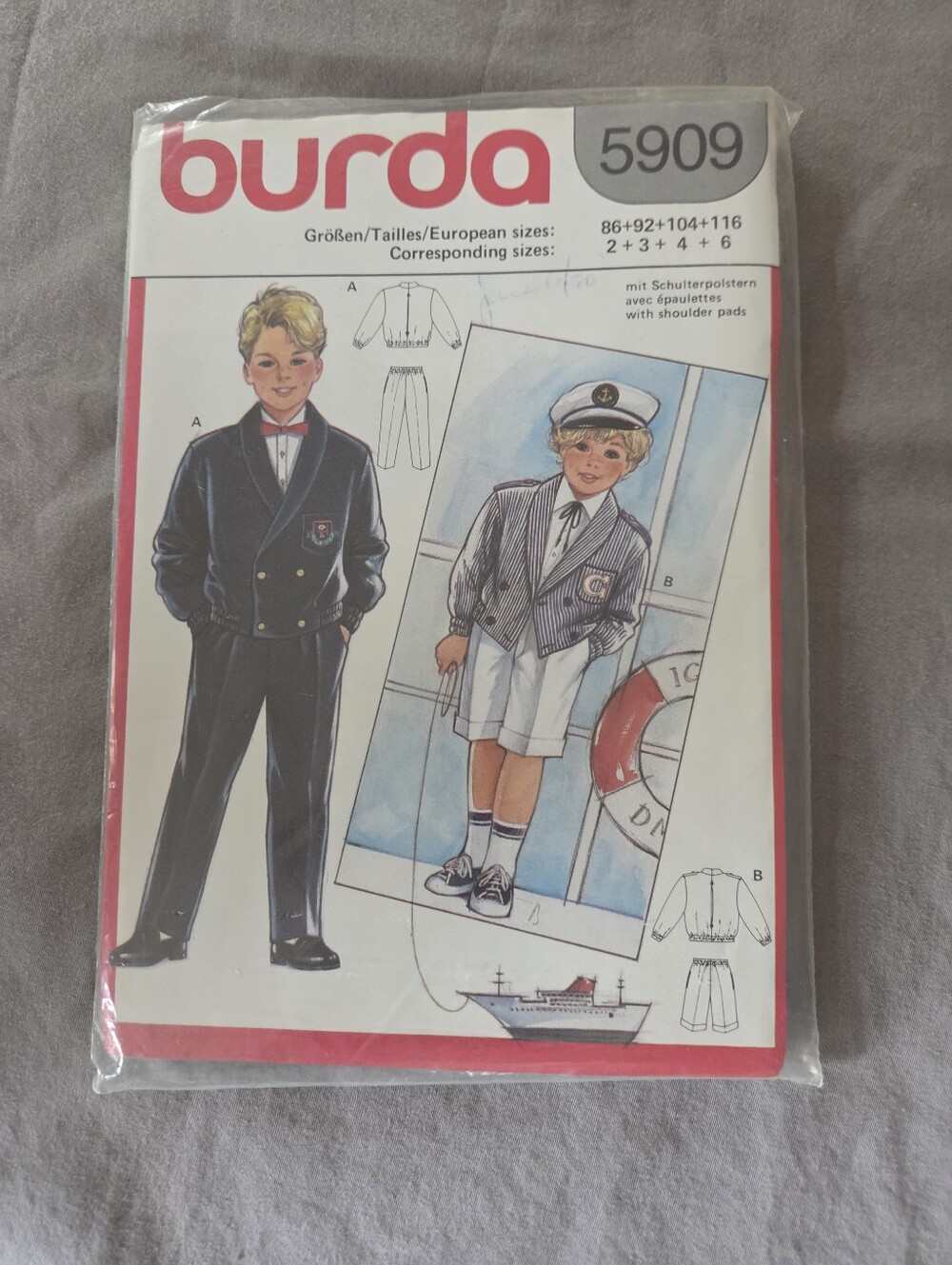 Burda 5909 Boys Nautical Blazer & Shorts Pattern - Blue & White